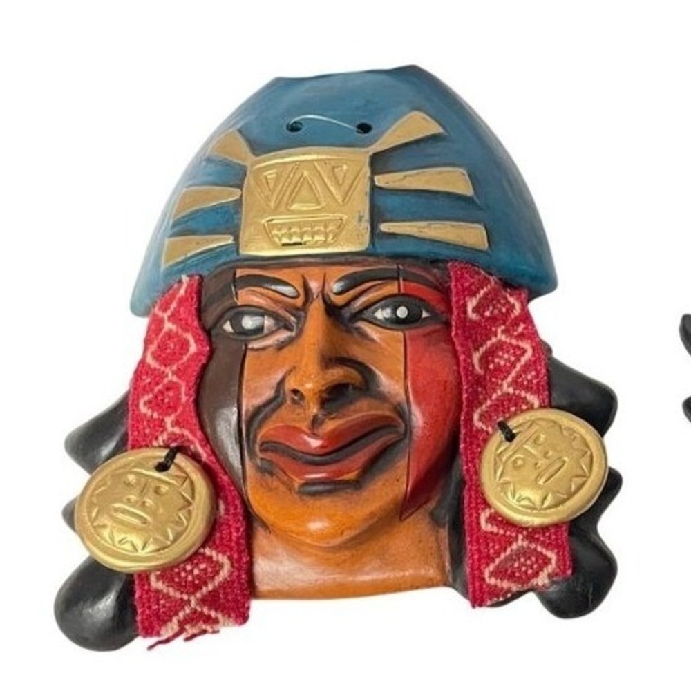 Unbranded Peruvian Folk Art Wall Mask Ceramic Multicolor Incan Warrior Decor 6in